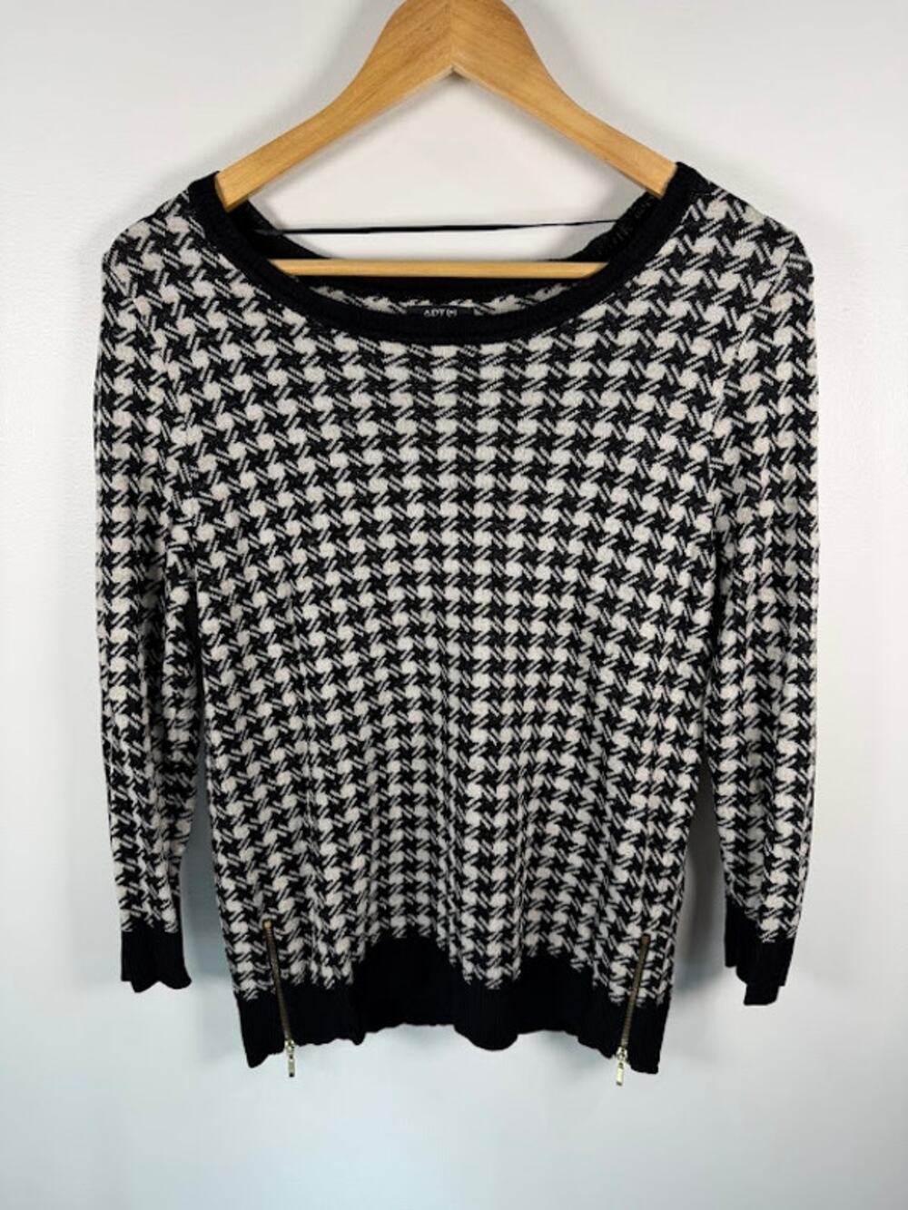 Apt. 9 Womens Houndstooth Metallic Sweater M Black White Gold Side Zip Pullove